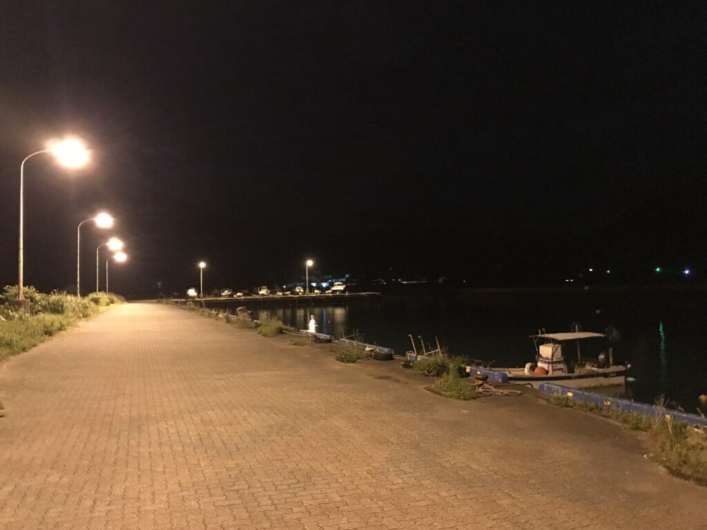 夜の静かな堤防で行う釣り体験